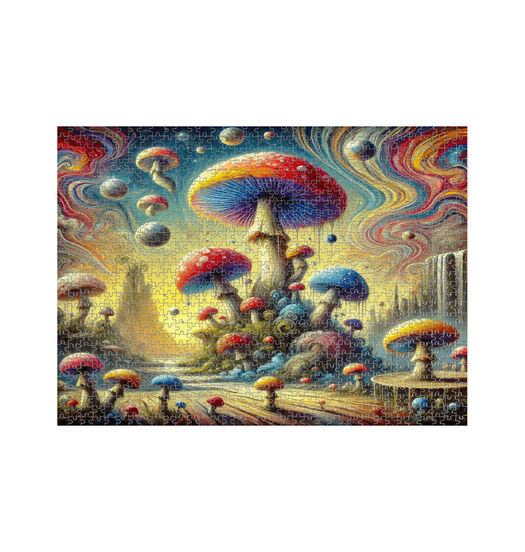 1000-piece fantasy jigsaw puzzle featuring colorful psychedelic mushrooms in a surreal landscape.